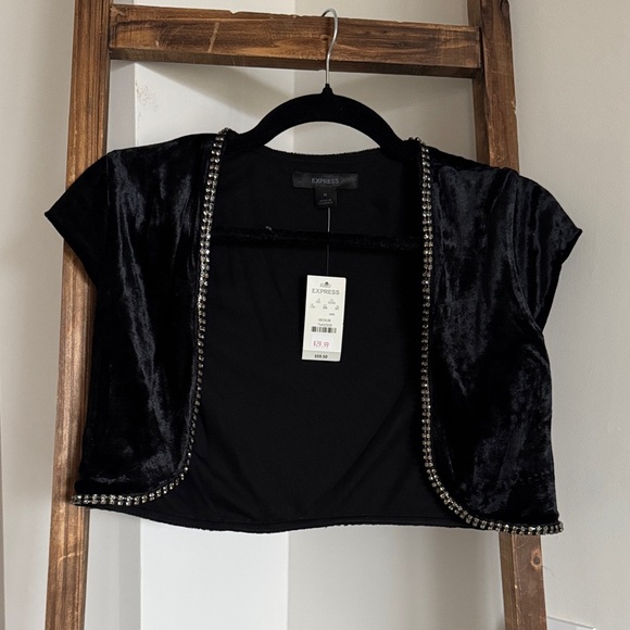 Express Tops - Express Black Velvet Crop Top with Silver Accents